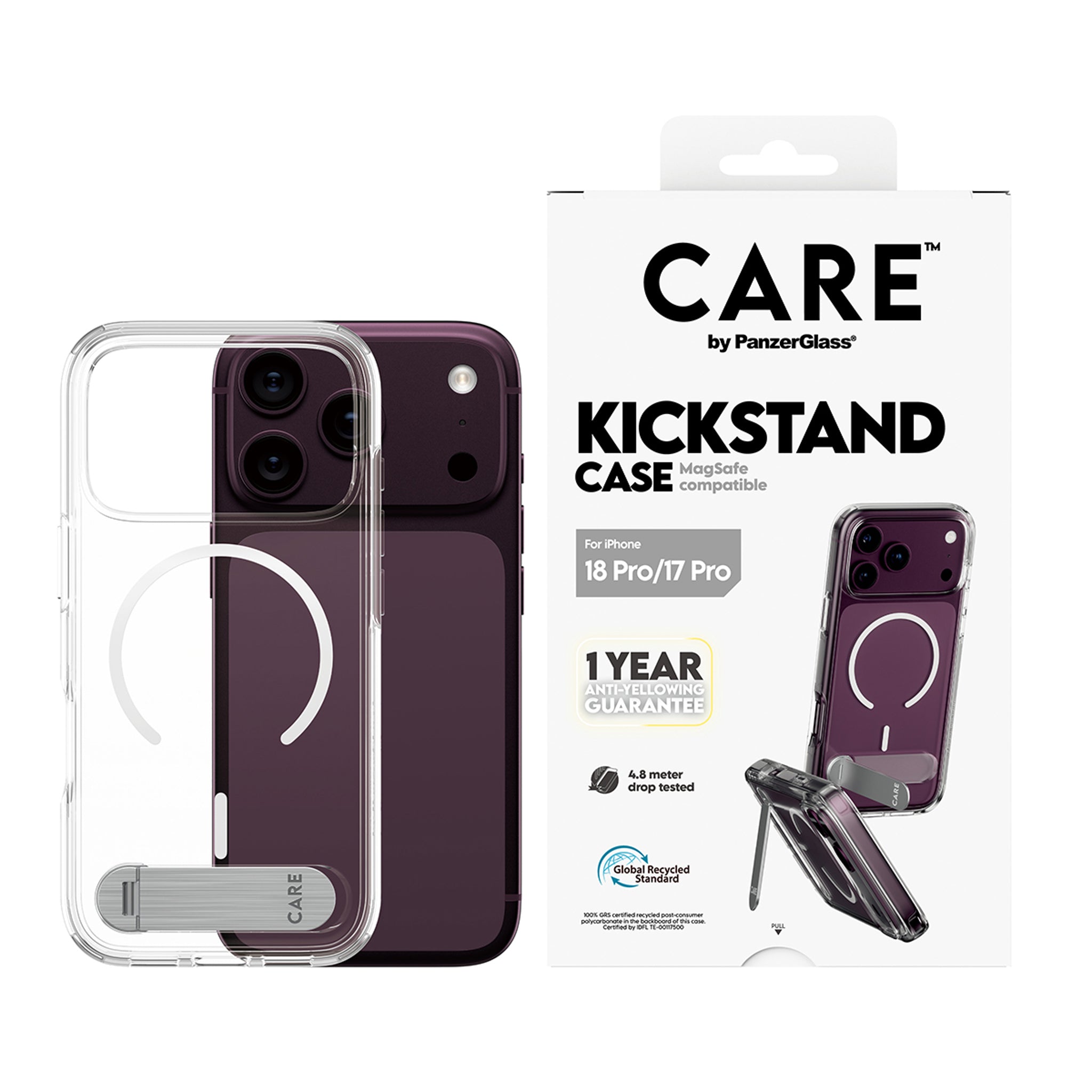CARE™ by PanzerGlass® Kickstand Case Transparent m. Hvid MagSafe iPhone 18 Pro | 17 Pro
